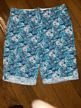 Chico's Turquoise Blue and White Floral-Print Shorts